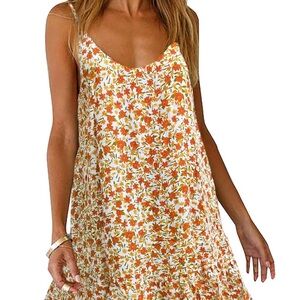 Qearal Orange and Yellow Floral‎ Strappy Mini Dress Boho Summer Size Medium